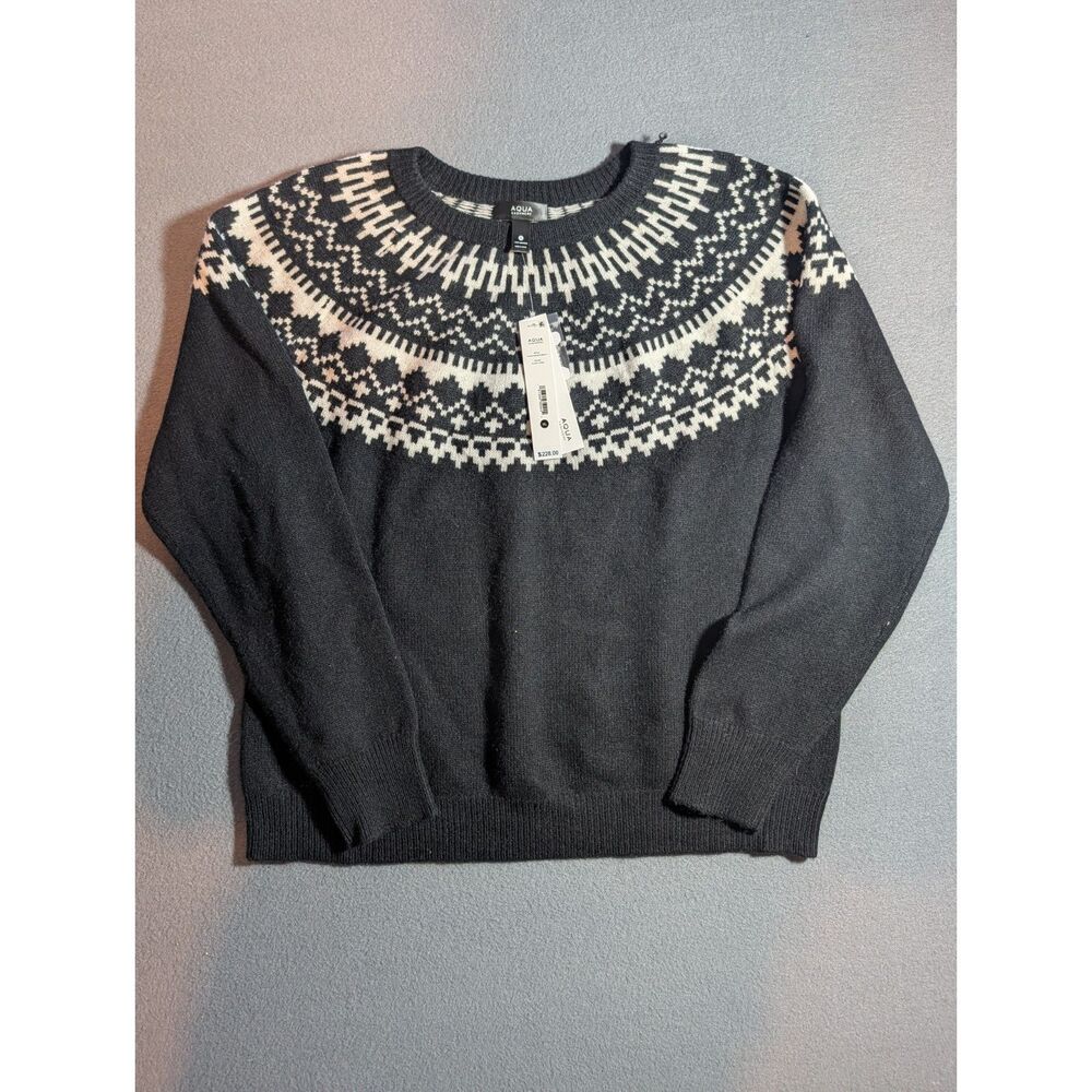AQUA Cashmere Women’s Fair Isle Sweater Black Ivory 100% Cashmere Size L NWT
